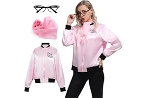 Wizland Damen Rosa Damen Fett Jacke für Halloween Cosplay Kostüm 1950er Jahre Rosa Satin Jacke mit Halstuch und Augenbrille S