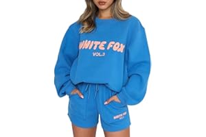 HOTSALIFES White Fox Tracksuit Womens Full Set 2 Piece Outfits White Fox Shorts Set Oversized Long Sleeve Pullover Hoodie and Shorts Lounge Wear Sets Gym Activewear Y2k Jogger Set Leisure Suits Airport Outfit