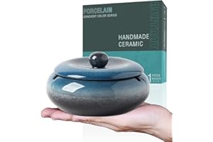 SOOPIISO Grand cendrier coupe-vent de 14 cm avec couvercle, cendrier en céramique, cendrier d'intérieur et d'extérieur, emballage cadeau (bleu)
