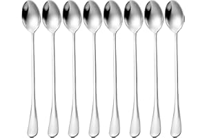 MAXQUU Juego de 8 cucharas de acero inoxidable para helado de acero inoxidable con mango largo, adecuadas para café, helado, moca, cócteles, para tazas altas y tazas de leche (plata).