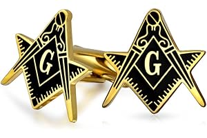 BLING JEWELRY Shield Round Freemasons Compass Symbol Masonic Cuff Links for Men Blue Black Enamel Two Tone Silver Or Gold Tone Stainless Steel Hinge Bullet Back