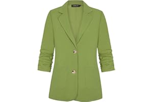 LADI TREND Womens 3/4 Ruched Sleeve Cotton Linen Blazer Lightweight Summer Outerwear Elegant Jackets Suits with Buttons Pockets