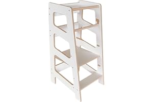 BABYLIKE Montessori Lernturm für Kinder | Lernstuhl ab 1 Jahr | Learning Tower | Tritthocker mit 2 Stufen & verstellbaren Fachböden | 46x40x85 cm| Weiss