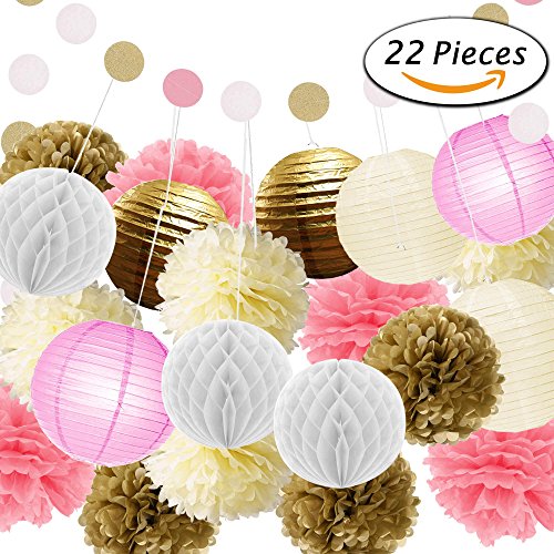 Paxcoo 22 Pcs Pink Gold Tissue Pom Poms Blumen Papier Laternen Polka Dot Girlande für Geburtstag Baby Dusche Dekorationen