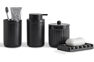 Agyiuns Badezimmer Set,Bad Zubehör Keramik 4,Enthält 330 ml Schaumseifenspender, Zahnputzbecher, Seifenschale, Wattestäbchenhalter,Geeignet für Bäder, Waschbecken(Schwarz, Schaumseifenspender)
