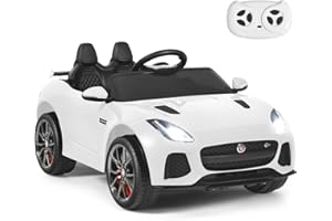 GYMAX Kids Ride on Car, 12V Battery Powered Licensed Jaguar F-Type SVR Toy Car with Remote Control, Music, Lights, USB/MP3/TF, Slow Start & Safety Belt, Children Electric Vehicle for Boys Girls(White)