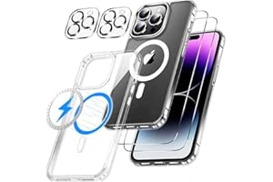 Alphn iPhone 15 Pro Max Hülle MagSafe 5 in 1 - Ultra Dünne Handyhülle - 1 MagSafe Schutzhülle - 2 Schutzfolien, 2 Kameraschutz - Magnetische Hülle, Stoßfest - Nie Vergilbend - Transparent - Kratzfest