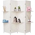 INMOZATA Room Divider with Shelves, 4 Panel Wicker Room Divider Free Standing, Folding Screens and Room Dividers Screen Privacy Panel for Office Bedroom Restaurant, 160 * 170cm (White)