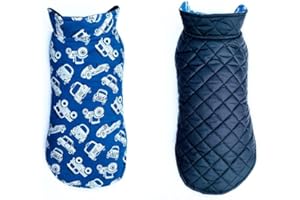 Pets Planet Dog Winter Clothes Reversible Dog Jacket Car Printed Blue Color Design Warm Coat Windproof Pets Cold Weather Wearing (M, 16 Inch)