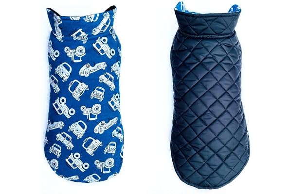 Pets Planet Dog Winter Clothes Reversible Dog Jacket Car Printed Blue Color Design Warm Coat Windproof Pets Cold Weather Wearing (M, 16 Inch)