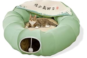 Galatée Tunnel De Chat Rond Pliable, Lit De Grotte pour l'Intérieur, Animaux De Compagnie avec 1 Balles à Gratter Suspendues (Vert)