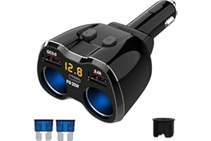QIDOE Adapter do zapalniczki samochodowej PD 3.0 150 W, rozdzielacz samochodowy 12 V, ładowarka samochodowa USB C, 2 wiele gniazd, DC 24 V, rozdzielacz wtykowy z przełącznikiem, 3 porty USB, do telefonu
