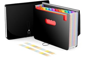 Amaza - Raccoglitore per raccoglitore, con 12 scomparti in plastica, formato A4, ad alta capacità, portatile, estensibile, per riporre e trasportare documenti (nero)