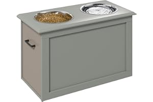 PawHut Comedero Perro Elevado con 2 Cuencos de Acero Inoxidable 2x2000 ml Comedero Elevado para Perros Grandes con Tapa Abatible y Almacenamiento Oculto Gris