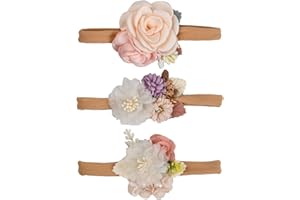 EMPEROCH 3 Piezas Diademas Bebe Niña, Diadema de Nailon Suave Diadema Elástica para Recién Nacidos, Diadema de Flores con Perlas para Uso Diario o Accesorios Fotográficos