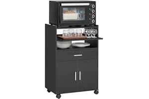 SoBuy Carrello con Ruote e Piano Estraibile Mobiletto Salvaspazio per Microonde con Cassetto, Ripiani e Ante Mobile Cucina Nero 92x59x40cm per Ufficio o Sala da Pranzo mini cucina monoblocco FSB09-SCH