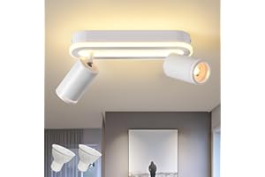 SANSHI Deckenleuchte 2 Flammig LED,Schwenkbar 350°Deckenstrahler,Deckenlampe mit unteres Glühen 15W+2x5W GU10 Spots,Modern Deckenspot Strahler 3000K Warmweiß,Spotlight Lampe für Wohnzimmer,Küche,Weiß