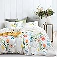Wake In Cloud - Floral Comforter Set, 100% Cotton Fabric, Colorful Watercolor Cute Flower and Leaves Shabby Chic Cottagecore, 3 Pieces Bedding Set, White Colorful, Full Size