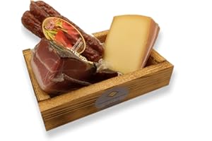 BAVAREGOLA Jausen Set - Geschenkekiste mit 3 Südtiroler Spezialitäten - Präsentkorb gefüllt mit Speck, Käse & Kaminwurzen von Viktor Kofler/Lana - Genuss Geschenk für Männer & Frauen