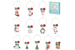SUNNYCLUE 1 caja 12 juegos de Dijes de Vino de Navidad Identificadores de Bebidas Marcadores de Copa de Vino de Plata Esmalte Árbol de Navidad Cuentas Rojas Y Verdes Anillos de Abalorios de Copa de Vi
