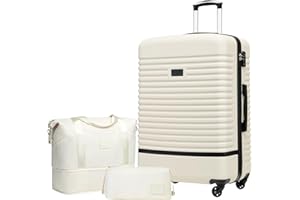 COOLIFE Suitcase Trolley Carry On Hand Cabin Luggage Hard Shell Travel Bag Lightweight with TSA Lock,The Suitcase Included 1pcs Travel Bag and 1pcs Toiletry Bag (White/Black, 28 Inch Luggage Set)