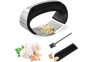 Citadel Black Garlic Press Rocker, Stainless Steel Garlic Crusher, Easy-Squeeze Garlic Tool with Peeler and Cleaning Brush for Smashing Garlic