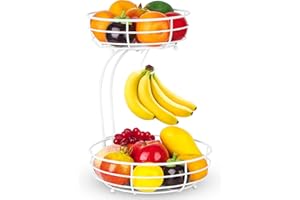 Bomclap Cesto per frutta con porta banana – 2 ripiani in metallo – Cucina rimovibile frutta in piedi – Moderno cestino decorativo per verdure – Bianco