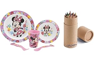 OM SUPPLIES Minnie Cartoon Character Dinner Tableware Set 5pcs Plate, Bowl, Cup & Cutlery, BPA Free re-usable Plastic Microwave Safe Includes Half Size 12pcs Pencil Set (Minnie)