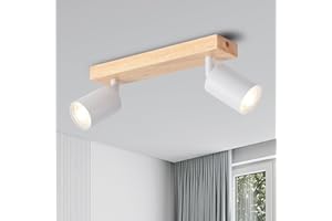 ANWIO Lámpara Techo Focos, 2 Focos Led Interior Techo Base GU10 Apliques Techo Focos Blanco con Base Madera Rectangular, Giratorios Plafón Foco de Techo LED(Sin Bombillas).