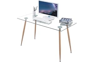 GOLDFAN - Scrivania in vetro con gambe in metallo, tavolo da lavoro, tavolo angolare, tavolo rettangolare in vetro