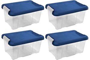 AC - Pack de 4 Cajas de ordenación de plástico - Nº 10 - Transparente con Tapa Azul - Modelo HG - Capacidad 5 litros - Dimensiones Aprox.: 29,4 x 20 x 14,5 cm