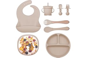 BIZCASA Baby Weaning Set,8pcs Toddler Feeding Set Adjustable Bib with Large Crumb Pouch, Suction Bowl, Cup, Fork, and Spoon Baby Feeding Sets Cutlery Set Easy Wipe Clean for Babies and Toddler (Yellow)