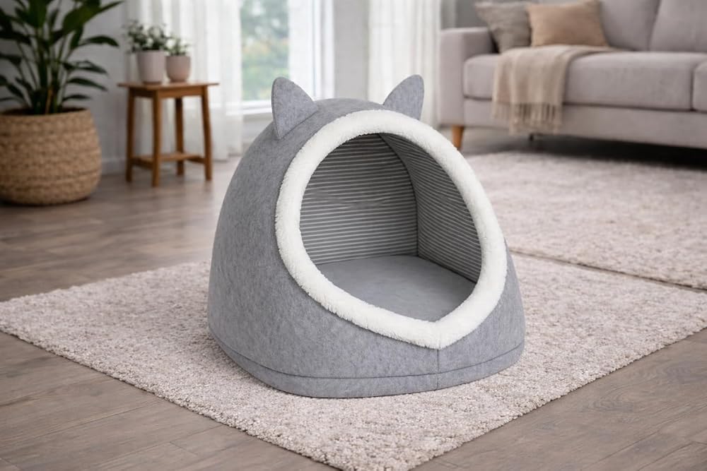 Gobypet Alas Gri Keçe Kedi ve Köpek Evi Yatağı – Kapalı Tasarım, Sıcak ve Yumuşak Pet Yuvası, Kaymaz Paspas Set