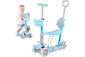 Birtech Kids Kick Scooter 3 Wheels Scooter for Toddler 5 in 1 Scooter for Kids-with Removable Seat and Push Rod, Adjustable Height Kick Scooter for Girls & Boys 2-6 Years Old