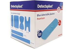 Niebieskie plastry Detectaplast Premium, wodoszczelne plastry wykrywane detektorami metalu, niezbędne w apteczkach dla cateringu i branży spożywczej, pomoc kuchenna, 25x72 mm, 100 szt.