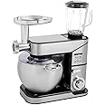 Geepas Multi Function Kitchen Machine, 10L Steel Bowl, 1.5L Glass Blender Jar Meat Grinder 6 Speed Control Kitchen Electric Mixer With Dough Hook, Whisk, Beater, Silver Gsm43044