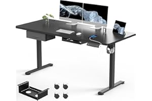 Flamaker Standing Desk with Drawers, 160 x 70 cm Electric Desk with USB Charging Sit Stand Desk Height Adjustable Desk with Cable Management Tray, Black with Wheels