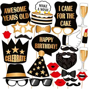 SYGA Black and Golden Birthday Party Photo Booth Props Craft Item (Set of 27)