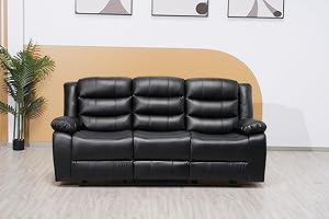 SOFALAND Recliner Black Bonded Leather 3 Seater Sofa For Living Room Furniture - Luxury High Back Sofa Set With Cup Holder & Cheap Couche (3 Seater Sofa)