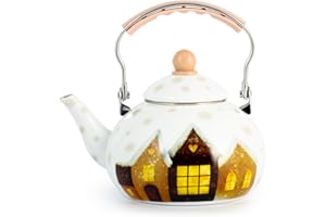 H&H Bollitore Smaltato 2,8 L con Decoro Casette Cozy, Adatto a Induzione, Perfetto per Casa in Montagna e Periodo Invernale-Natalizio, Ideale per servire Vin Brulè e Uso Professionale