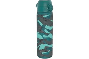 Ion8 Water Bottle, 500ml/18oz, Slim Leak Proof & BPA-Free Drinking Bottle, Secure Lock Prevents Spills, Dishwasher Safe, Carry Handle, Ideal for Adults & Kids - Travel, Gym & School, Aqua, Camo