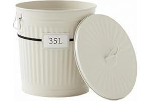 Jinfa Mülleimer mit Deckel 35L Ascheeimer mit Deckel feuerfest Blecheimer Futtertonne Pferd Metalleimer mit deckel Mülltonne Universaltonne - Cremeweiß 35 Liter