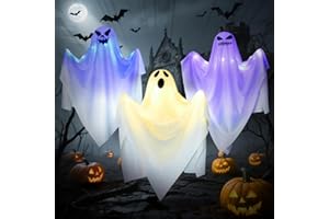 LUZOON Decoración Halloween Fantasma con Luces LED, 3 Sacos de Viento (65 * 70CM). Decoración de suspensión para Interior, Exterior, jardín, Fiesta de Terror y temática.