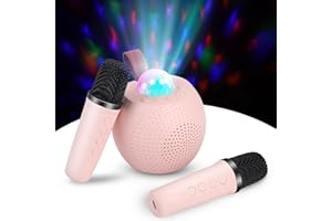 Weigudoc Machine de Karaoké avec 2 Micro sans Fil, Enceinte Bluetooth Karaoke, avec Boule Disco, Lumières LED, Effets de Changement de Voix pour Fille, Garçon, Anniversaire, Maison, Fête (Rose)