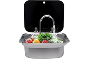 AREAO Wohnwagen Waschbecken Set, RV Camping Spüle Bausatz RV Wohnmobil Spülbecken Edelstahl mit Wasserhahn, RV Handwaschbecken rechteckig mit Deckel für Kompatibel RV Camper Wohnmobil 42,3 x 37,3 x 15 cm