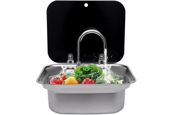 Evier Camping Car, Kit D'évier de Cuisine kit pompe et bidon Rv Pliant Carré Lavabo à Main en Acier Inoxydable avec Robinet+Couvercle,Pour Caravane,Camping Car