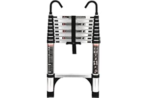 HBTower Scala telescopica da 2,6 metri con ganci e piedini antiscivolo, leggera scala pieghevole in alluminio per soppalchi, camper, esterni ed interni, capacità di 150 kg.Argentato