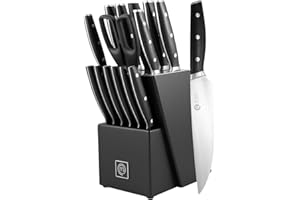 MasterChef Set Coltelli da Cucina Professionali con Ceppo, Porta con Coltello Pane, Bistecca, Chef, Santoku, Affilacoltelli, Forbici, Acciaio Inox ad Alto Carbonio, Manici Tripli Rivettati, 15 pezzi