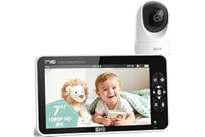 GHB Baby Monitor Video e Audio Schermo 7'', 168 Ore di Autonomia, 350°/90°, 1080P, 4000mAh, Modalità VOX, Visione Notturna, Rilevamento della Temperatura, Visualizzazione a Schermo Diviso