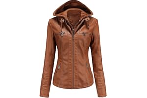 E-girl Damen Lederjacke Schlank Kurz Kunstleder Kapuze Jacket Reißverschluss Motorrad Jacke für Frühling und Herbst,C6699N